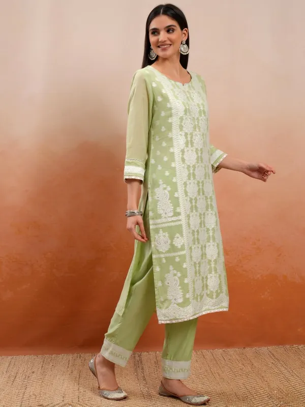 Vishudh Women Green Embroidered Kurta With Trouser And Dupatta