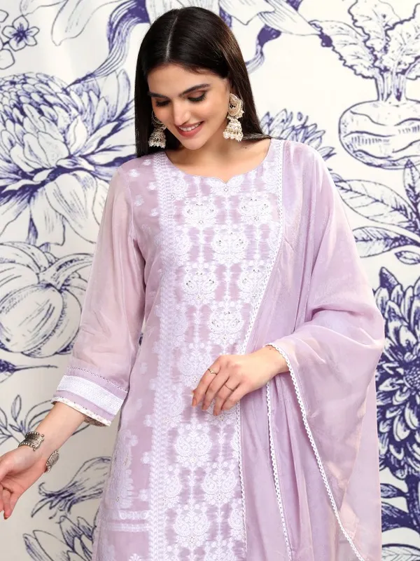 Vishudh Women Violet Embroidered Kurta With Trouser And Dupatta