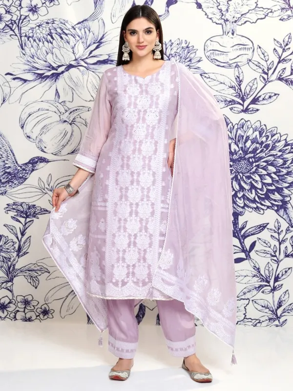 Vishudh Women Violet Embroidered Kurta With Trouser And Dupatta