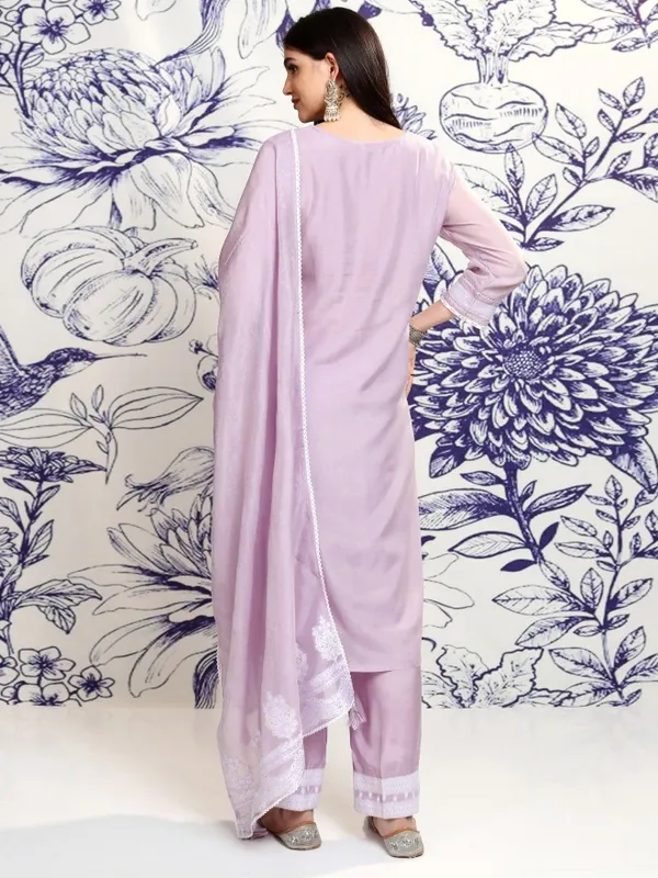 Vishudh Women Violet Embroidered Kurta With Trouser And Dupatta