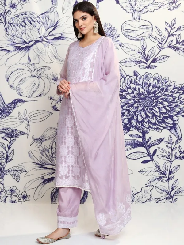 Vishudh Women Violet Embroidered Kurta With Trouser And Dupatta
