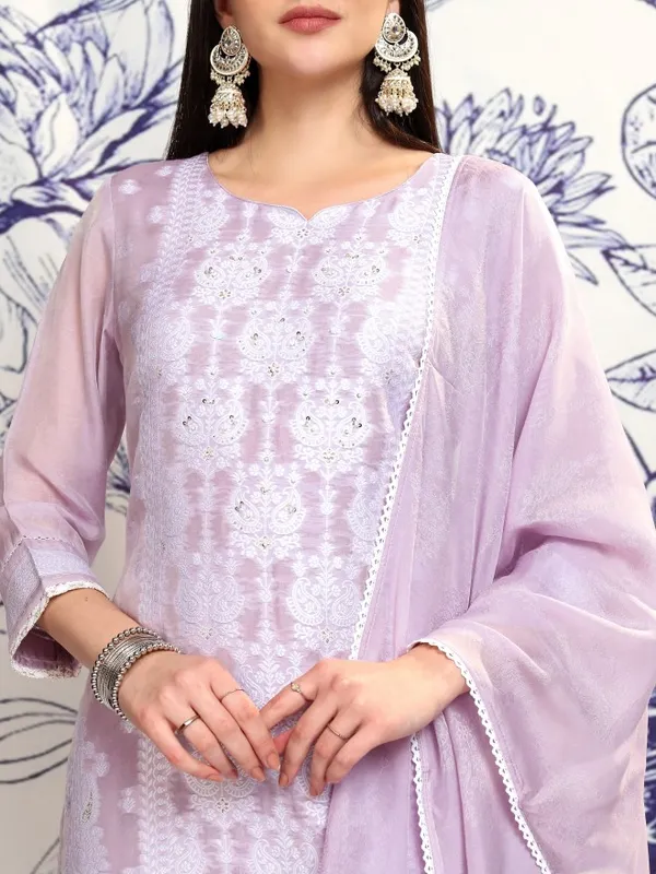 Vishudh Women Violet Embroidered Kurta With Trouser And Dupatta