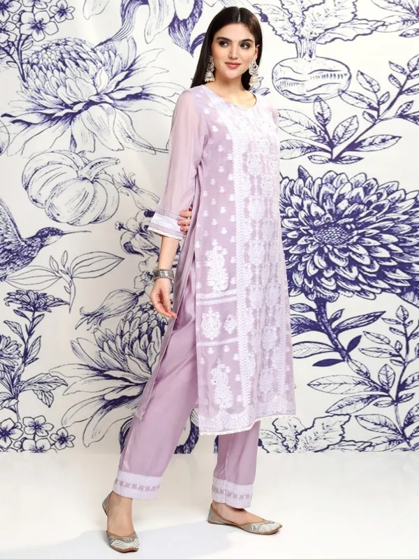 Vishudh Women Violet Embroidered Kurta With Trouser And Dupatta