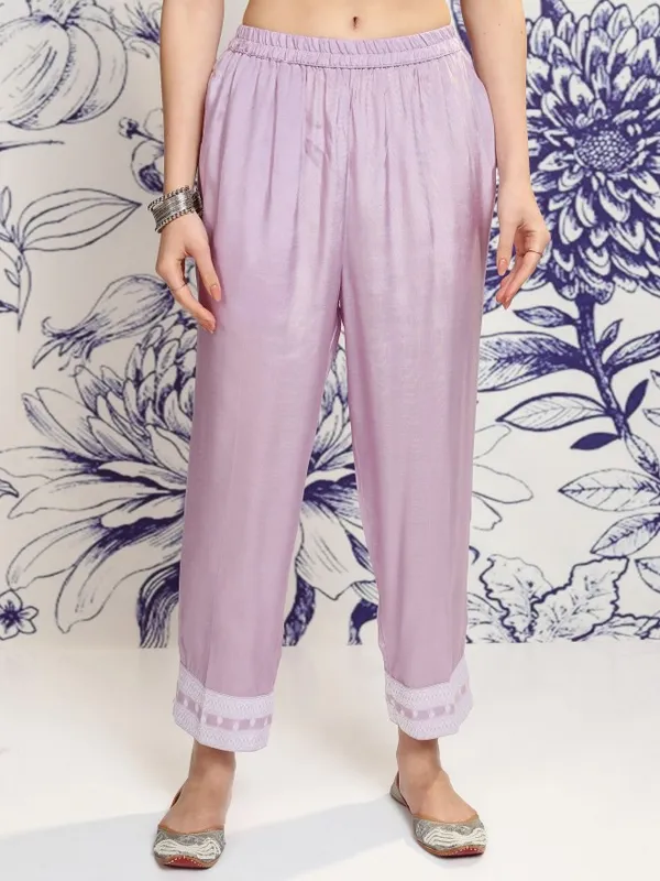 Vishudh Women Violet Embroidered Kurta With Trouser And Dupatta