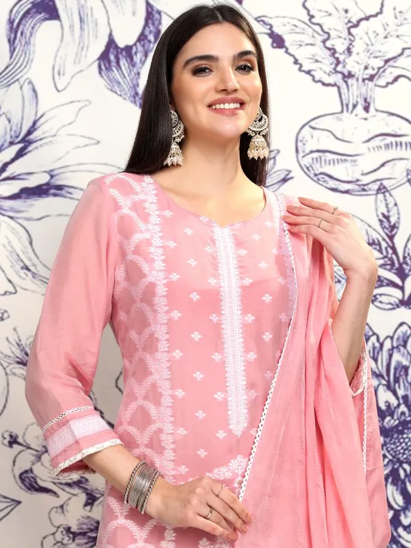Vishudh Women Pink Embroidered Kurta With Trouser And Dupatta