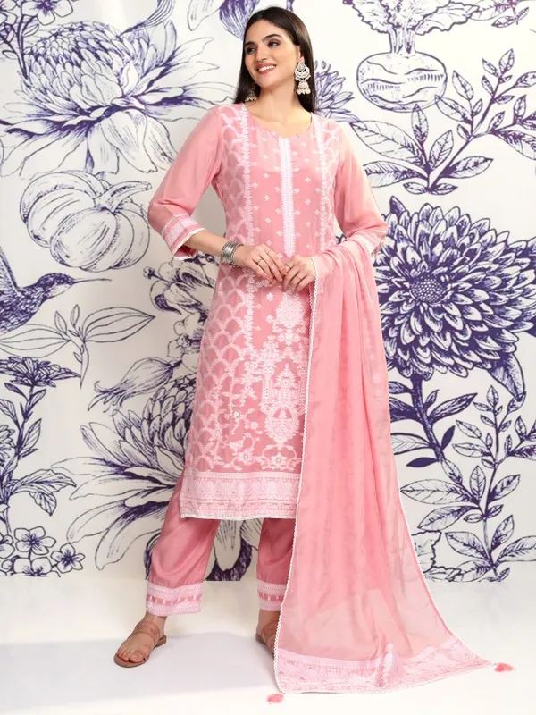 Vishudh Women Pink Embroidered Kurta With Trouser And Dupatta