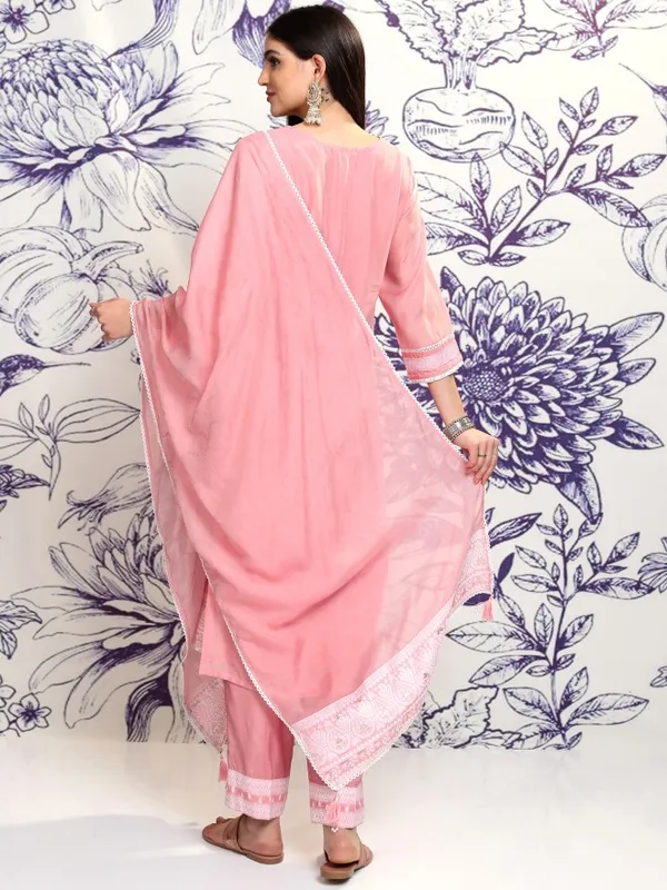 Vishudh Women Pink Embroidered Kurta With Trouser And Dupatta
