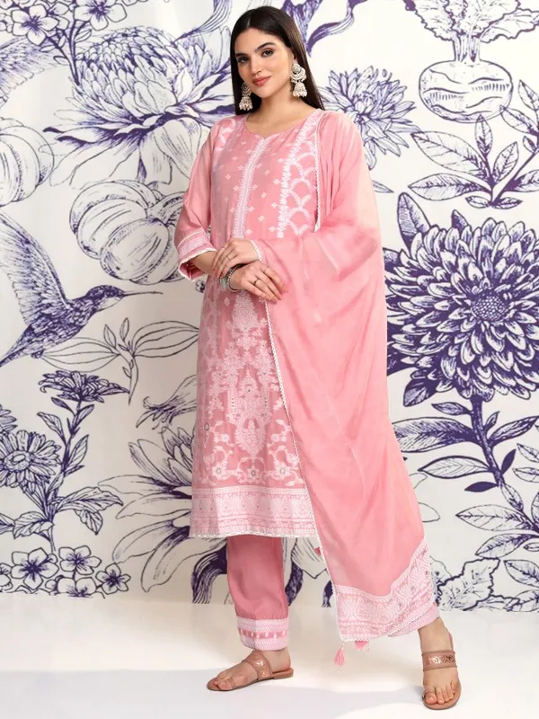 Vishudh Women Pink Embroidered Kurta With Trouser And Dupatta