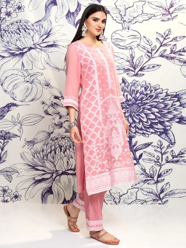 Vishudh Women Pink Embroidered Kurta With Trouser And Dupatta