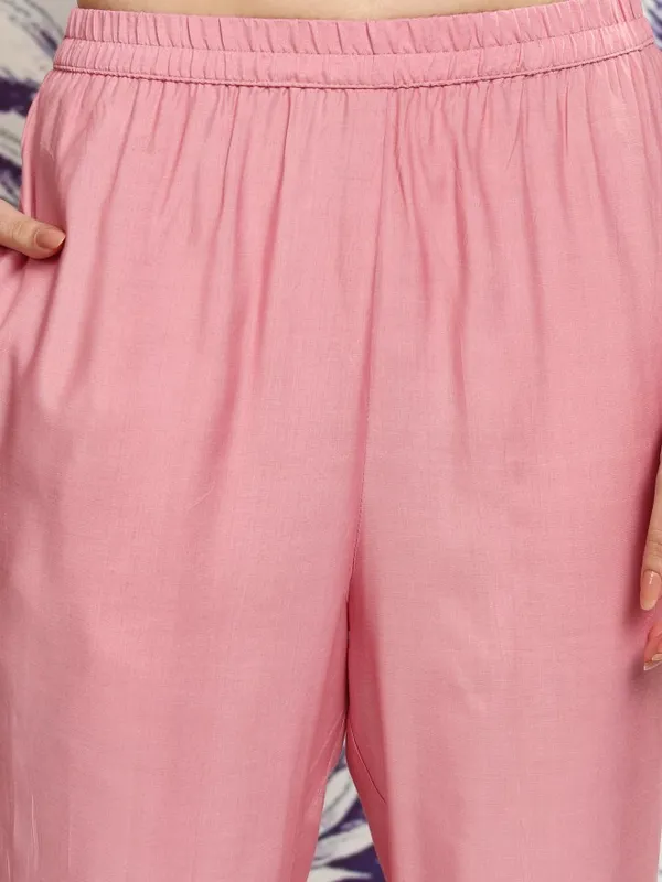 Vishudh Women Pink Embroidered Kurta With Trouser And Dupatta