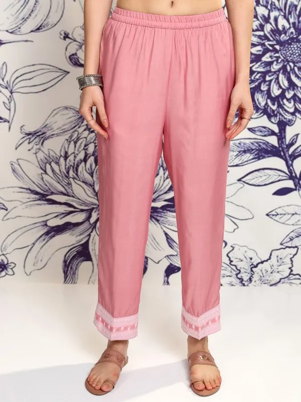 Vishudh Women Pink Embroidered Kurta With Trouser And Dupatta