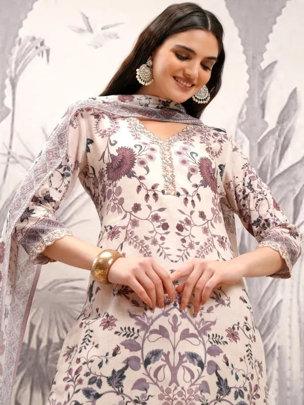 Vishudh Women Cream Printed Kurta With Trousers And Dupatta