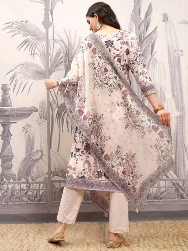 Vishudh Women Cream Printed Kurta With Trousers And Dupatta