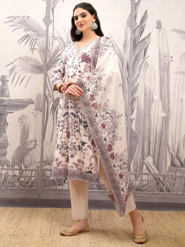 Vishudh Women Cream Printed Kurta With Trousers And Dupatta
