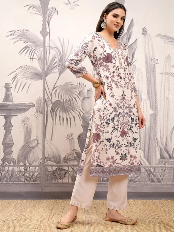 Vishudh Women Cream Printed Kurta With Trousers And Dupatta