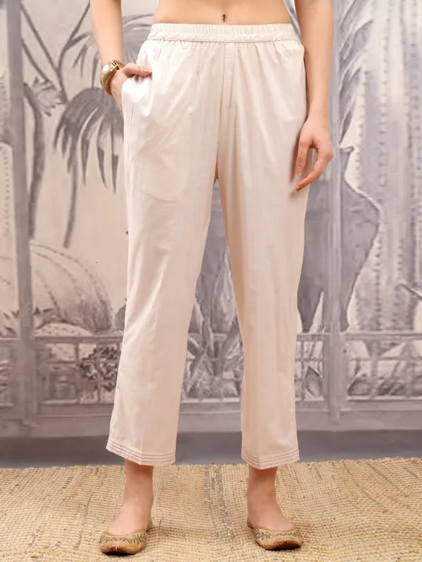 Vishudh Women Cream Printed Kurta With Trousers And Dupatta