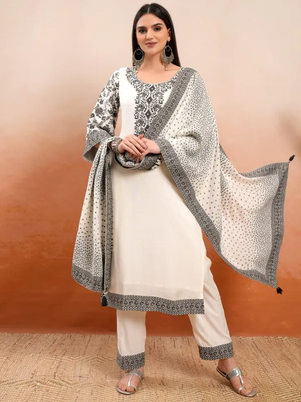Vishudh Women Cream Embroidered Kurta With Trousers And Dupatta