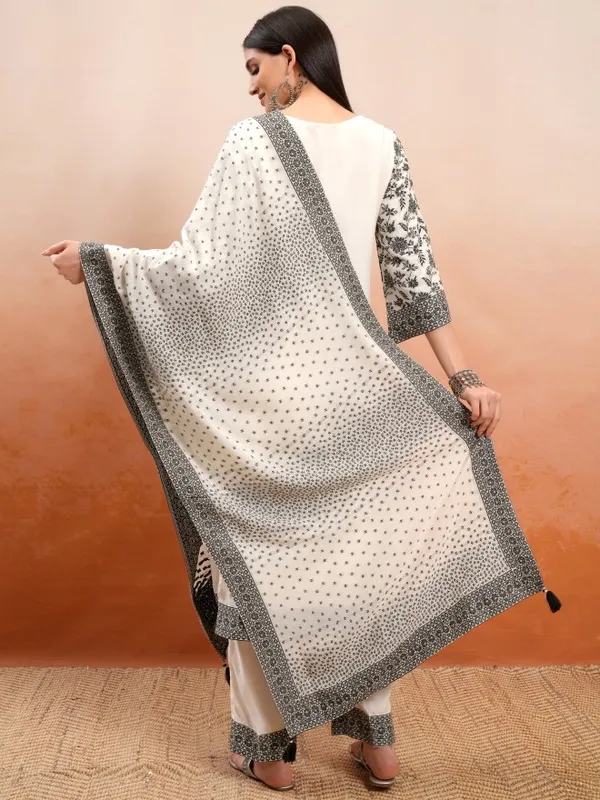 Vishudh Women Cream Embroidered Kurta With Trousers And Dupatta