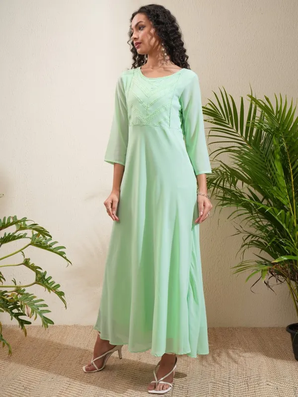 Vishudh Women Sea Green Solid A-Line Dress