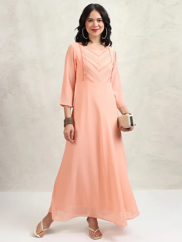 Tokyo Talkies Women Peach Self Design Maxi Dress