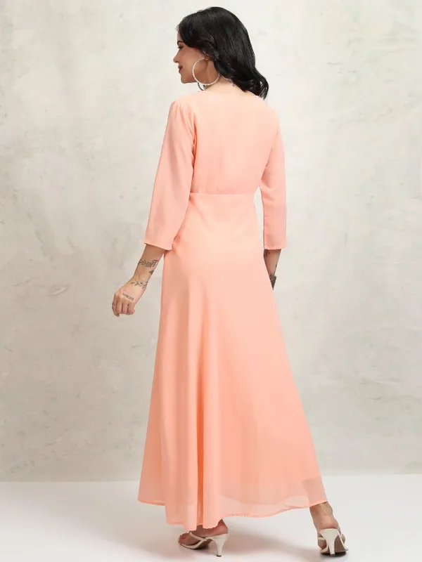 Tokyo Talkies Women Peach Self Design Maxi Dress