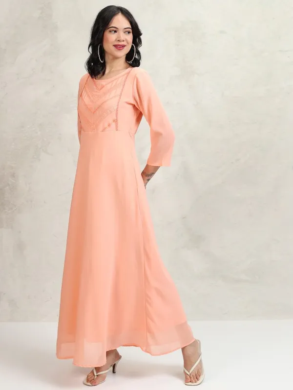 Tokyo Talkies Women Peach Self Design Maxi Dress