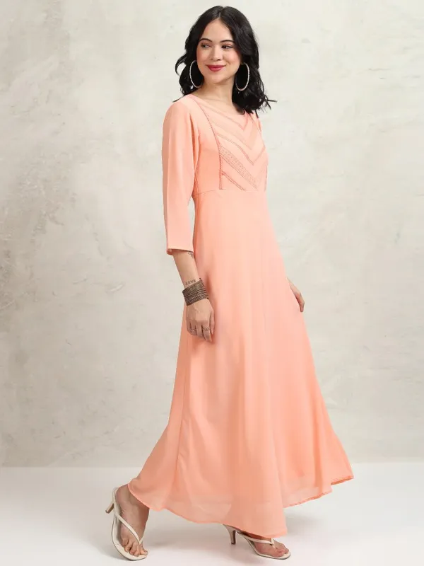 Tokyo Talkies Women Peach Self Design Maxi Dress