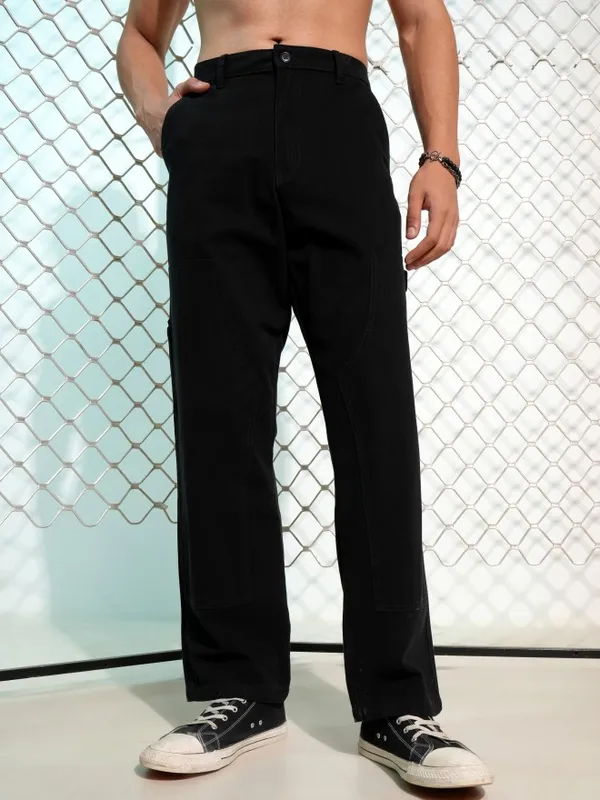 Highlander Men Black Carpenter Fit Solid Cargos