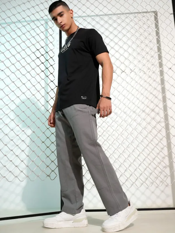Highlander Men Grey Carpenter Fit Solid Cargos