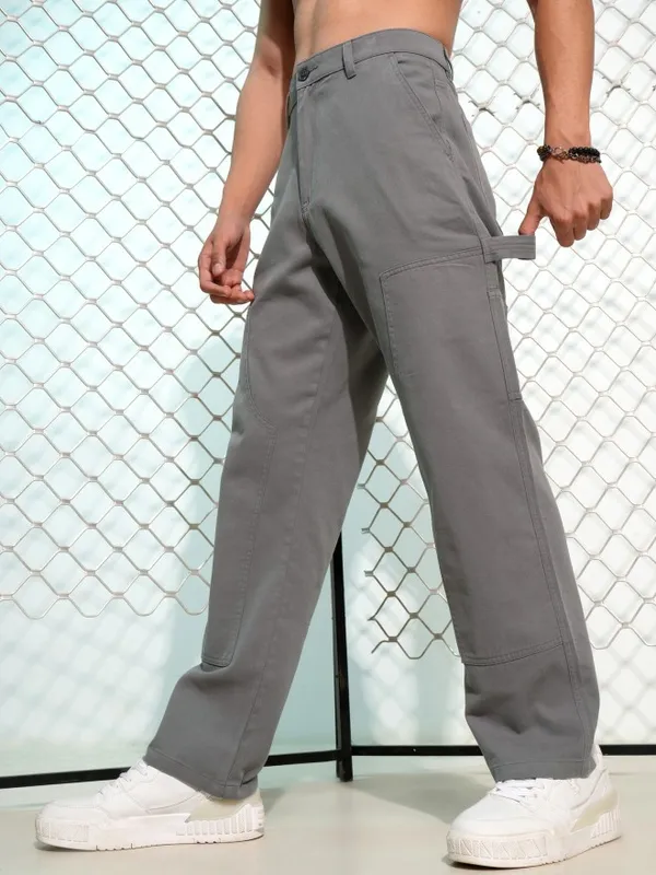 Highlander Men Grey Carpenter Fit Solid Cargos