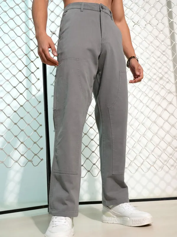 Highlander Men Grey Carpenter Fit Solid Cargos