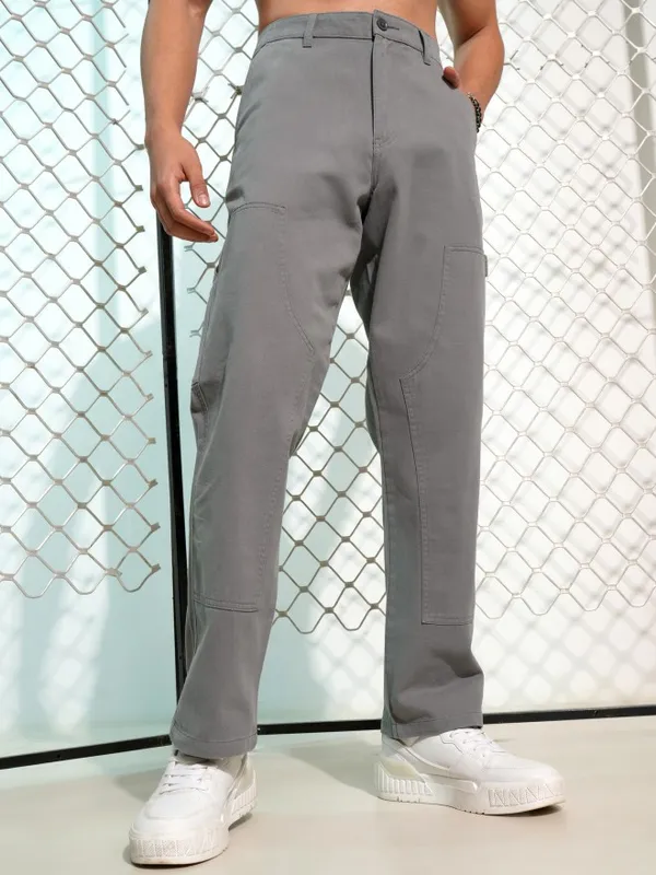 Highlander Men Grey Carpenter Fit Solid Cargos