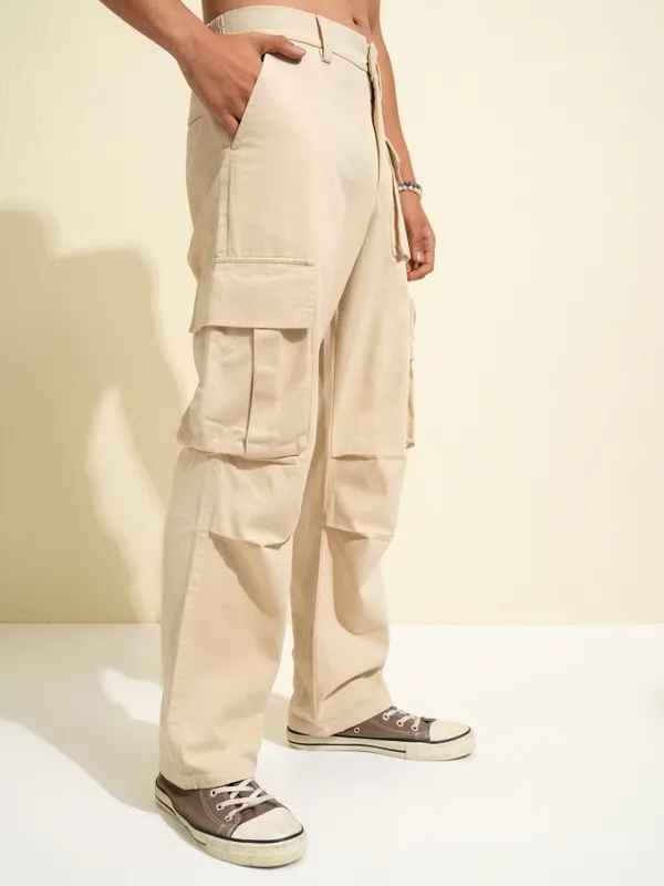 Highlander Men White Carpenter Fit Solid Cargos