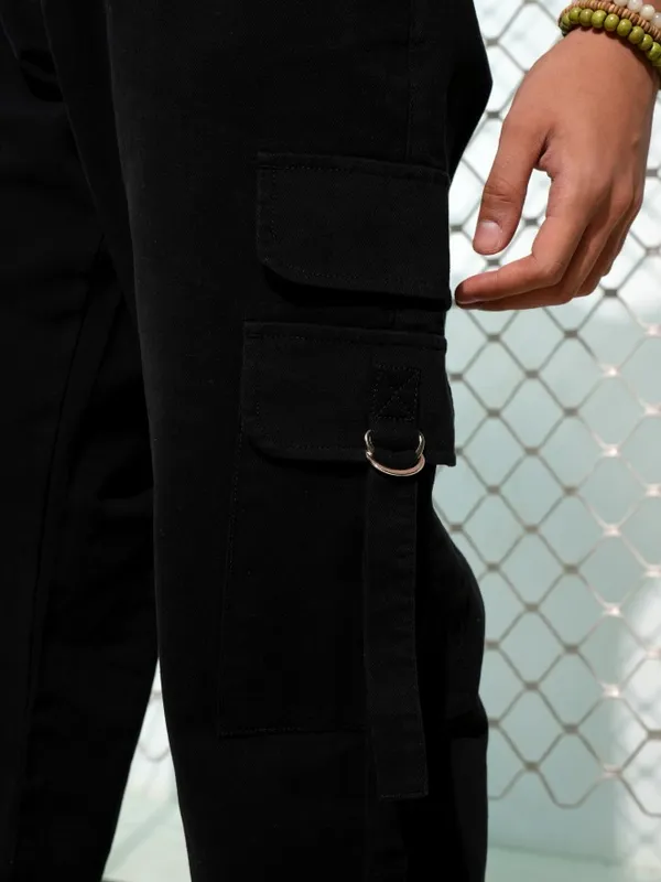 Highlander Men Black Carpenter Fit Solid Cargos