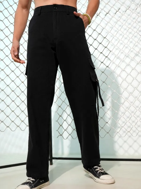 Highlander Men Black Carpenter Fit Solid Cargos