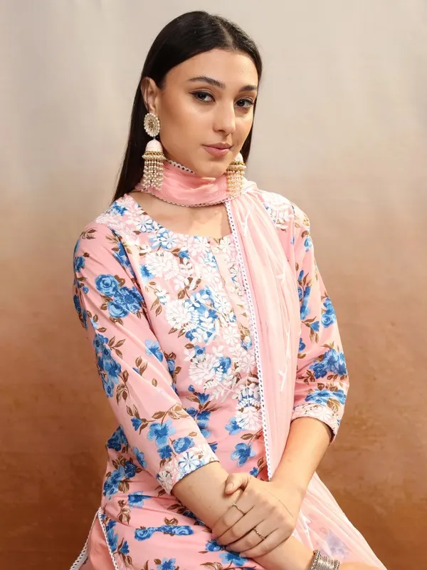 Vishudh Women Peach Printed Kurta With Trousers And Dupatta