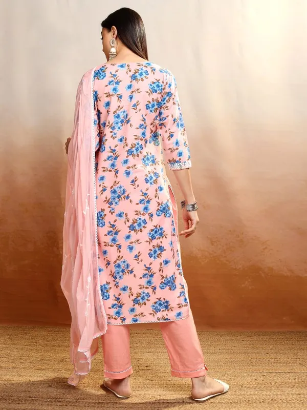 Vishudh Women Peach Printed Kurta With Trousers And Dupatta