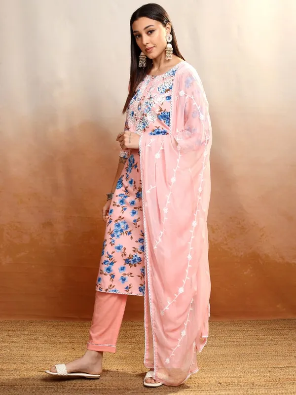 Vishudh Women Peach Printed Kurta With Trousers And Dupatta