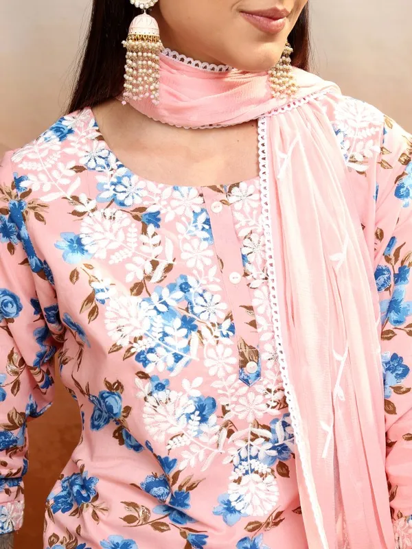 Vishudh Women Peach Printed Kurta With Trousers And Dupatta