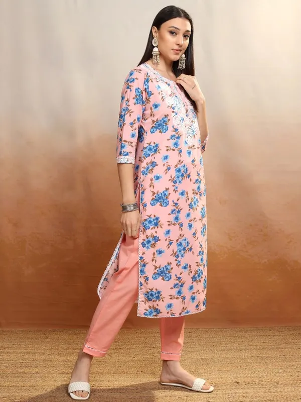 Vishudh Women Peach Printed Kurta With Trousers And Dupatta
