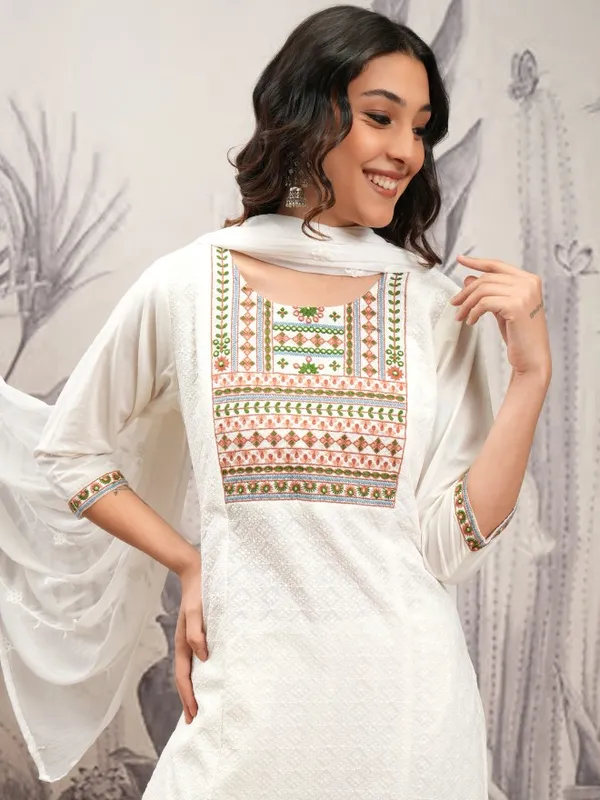 Vishudh Women White Embroidered Kurta With Trousers And Dupatta
