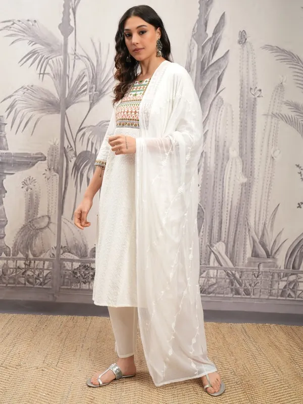 Vishudh Women White Embroidered Kurta With Trousers And Dupatta