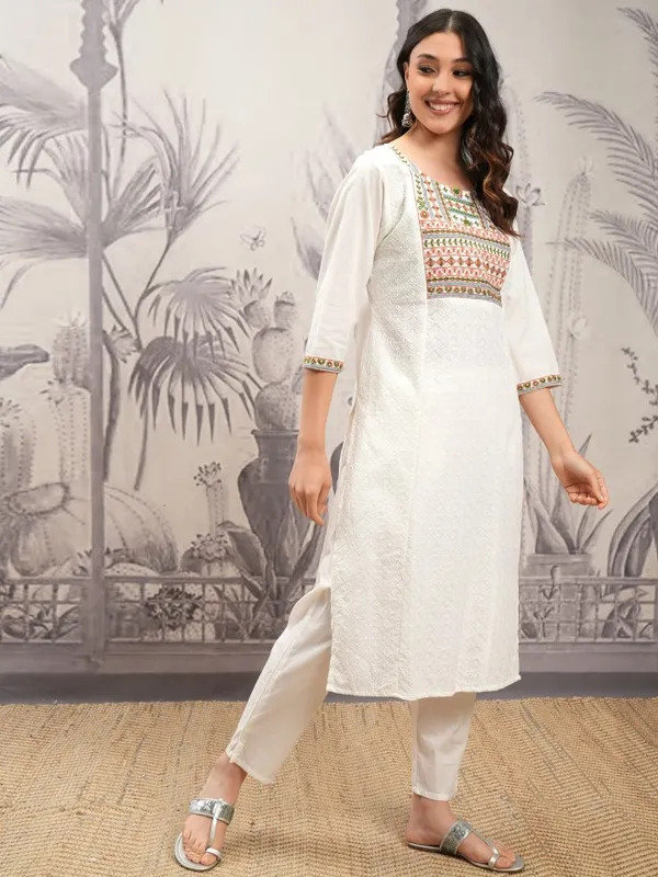 Vishudh Women White Embroidered Kurta With Trousers And Dupatta
