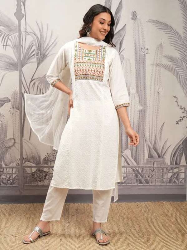 Vishudh Women White Embroidered Kurta With Trouser And Dupatta