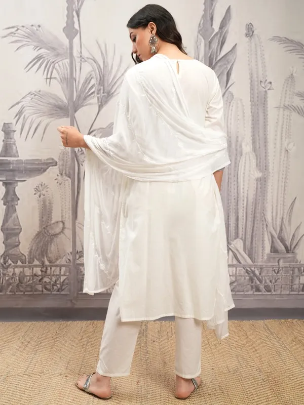 Vishudh Women White Embroidered Kurta With Trouser And Dupatta