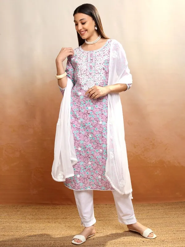 Vishudh Women Pink Printed Kurta With Trousers And Dupatta
