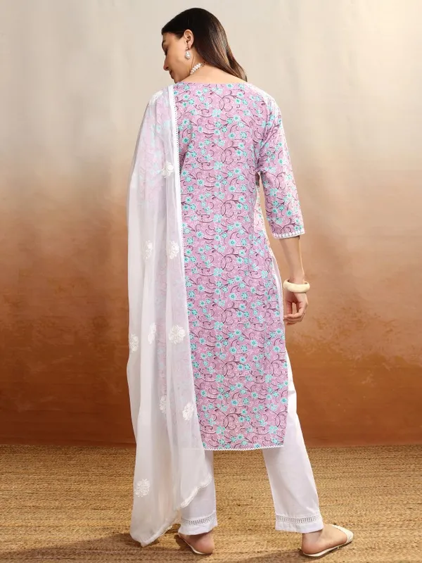 Vishudh Women Pink Printed Kurta With Trousers And Dupatta