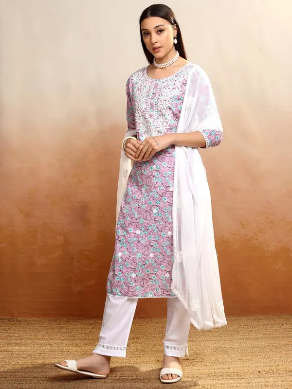 Vishudh Women Pink Printed Kurta With Trousers And Dupatta