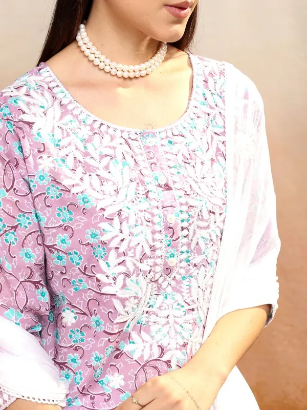Vishudh Women Pink Printed Kurta With Trousers And Dupatta