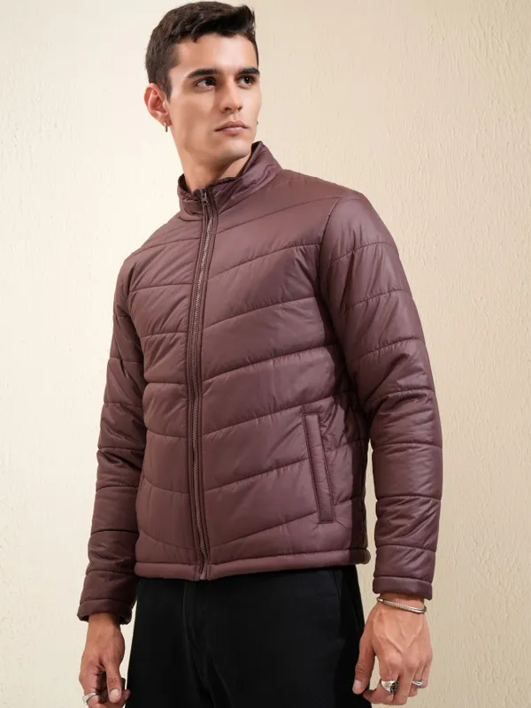 Highlander Men Burgundy Solid Puffer Jacket